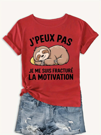 Sloth T-Shirt French Motivational Sloth Graphic T-Shirt| Humorous "Motivation Through Fracture" Slogan Harajuku Sleeve Casual