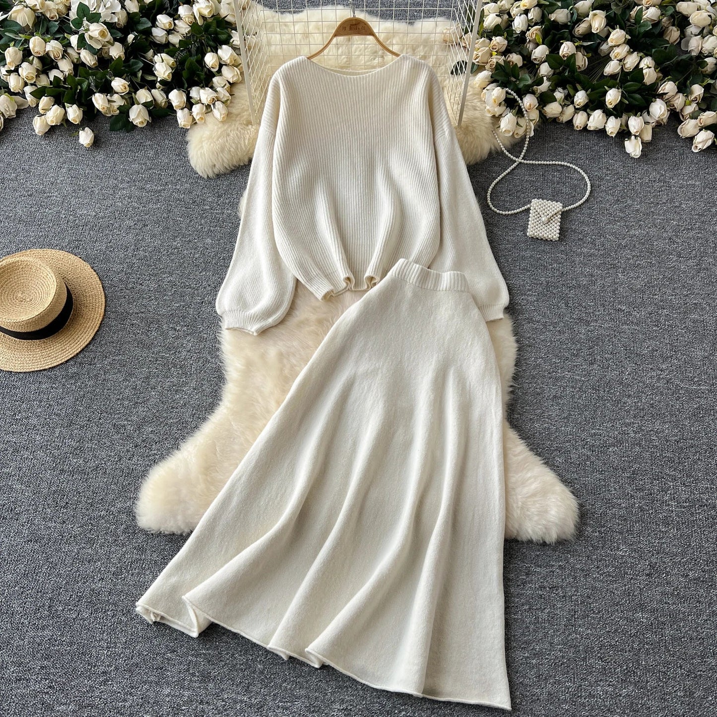 Autumn Casual Two Pieces Sets Women O-Neck Loose Knitting Top+Elastic Waist Large Swing Skirt Basic Korean Winter Sets