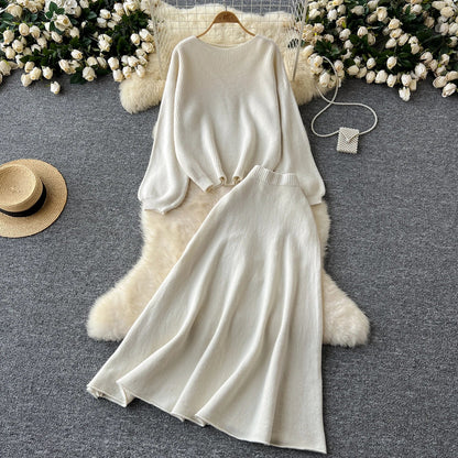 Autumn Casual Two Pieces Sets Women O-Neck Loose Knitting Top+Elastic Waist Large Swing Skirt Basic Korean Winter Sets
