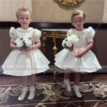Mini Short Flower girls Dress O Neck A Line Short Sleeves Knee Length Beading Child Dress For Wedding