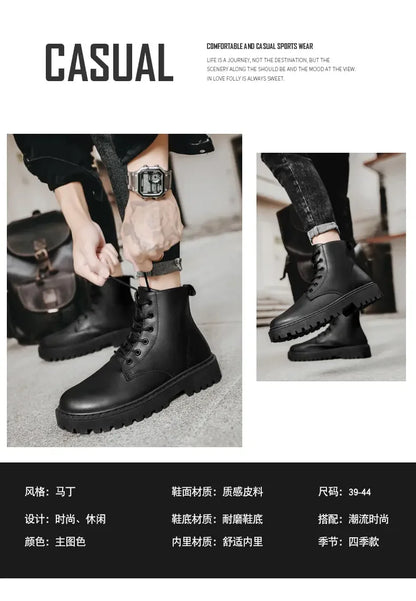 Men Shoes Autumn Anti Slip Waterproof High Top Black Lace Up Casual Leather Shoes Platform Boots Fashion Trend Motorcycle Boots