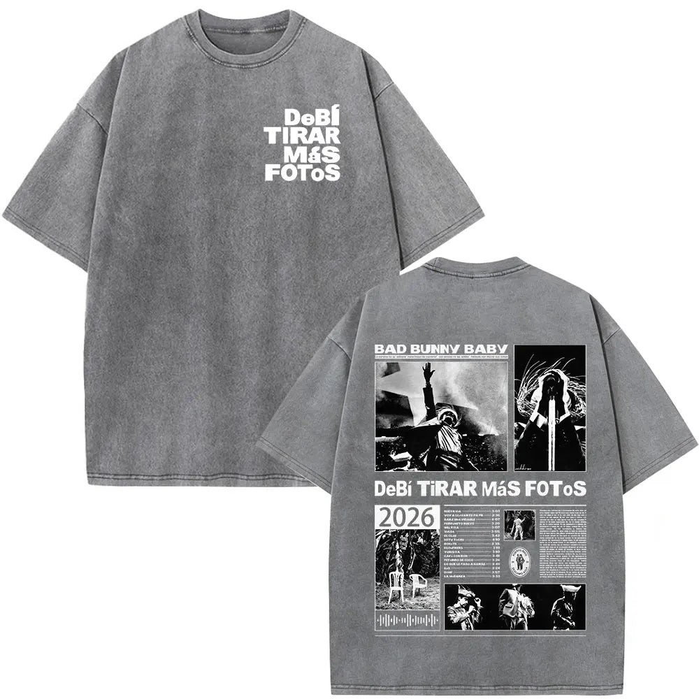 Washed Vintage Rapper Bad Bunny T-shirt Debi Tirar Mas Fotos DTMF Tour 2026 T Shirts Men Women Clothing Fashion Hip Hop T-shirts