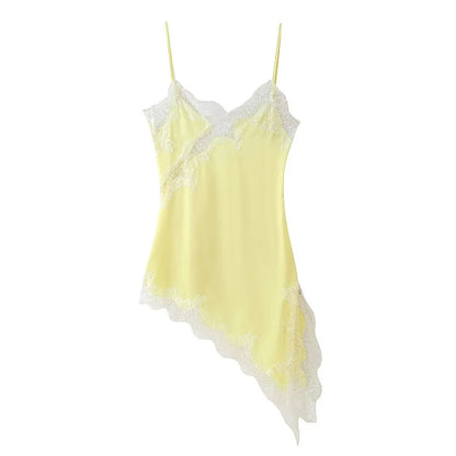 Woman Summer Sexy Sleeveless Backless Chic Beach Party Dress Women's Elegant Asymmetry Lace Decorate Slim Sling Dress