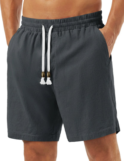 Men's Cotton Casual Shorts Loose Summer Beach Vacation Short Solid Pants with Deep Pockets Elastic Waist 7 Inch Inseam