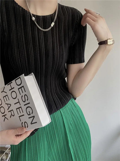 Miyake Pleated Short Sleeve Women's 2023 Summer New Thin Stretch Crew Neck All-Matching Slim Fit Pleated Hollow T-shirt Women