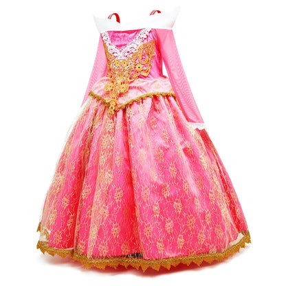 Exquisite Princess Ball Gown Sleeping Beauty Fairy Tale Costume Play Lace Gold Rim Deluxe Christmas Aurora Party Dress 2 4 6 8Yr