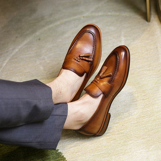 High-end Quality Retro Men's Shoes Fashion Casual Leather Shoes Head Cowhide Tassel Loafers Men Moccasins Italian Large Size 46