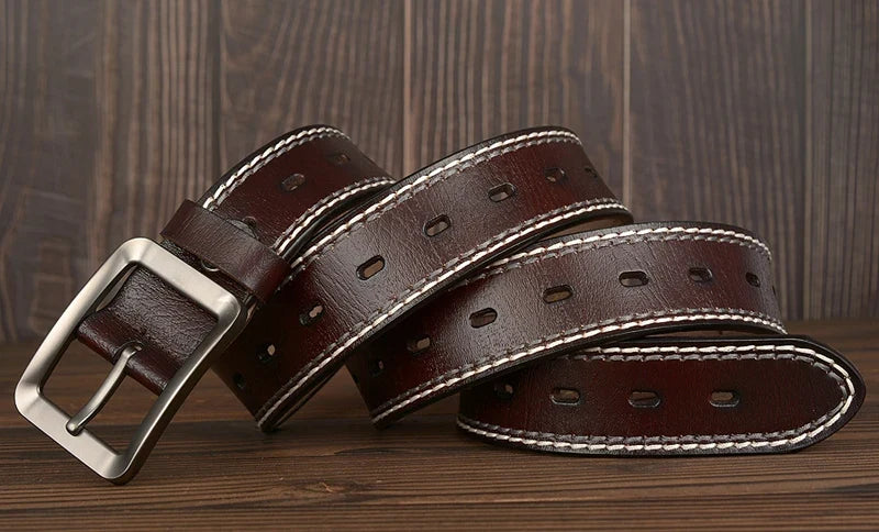 3.8CM Fashion Men Belts Genuine Leather Luxury Designer Vintage Thread Waist Belt For Jeans Cinturon Cowboy Hombre Dropshipping