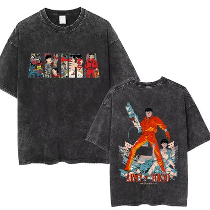 Washed Vintage Anime Akira T Shirts Japanese Science Fiction Cartoon Movie Shotaro Kaneda T-shirt Men's Manga Oversized T-shirts