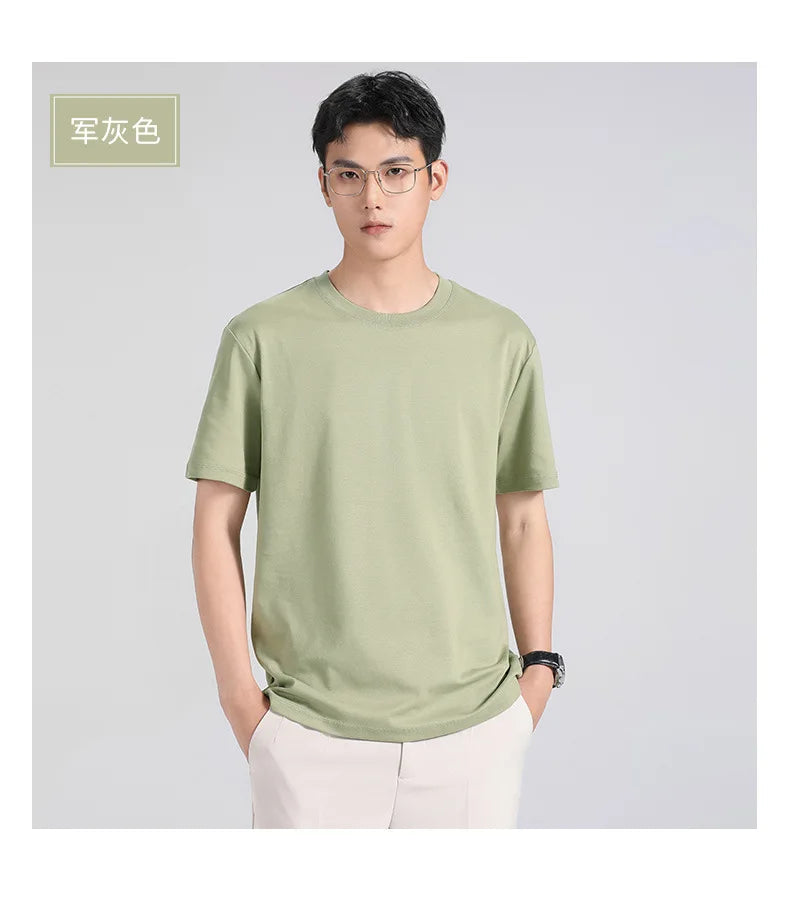 Plus Size 4XL 5XL Liquid Ammonia Mercerized Cotton T-shirt For Men Summer Cool Feeling Round Neck Top Clothes Short Sleeve Tees