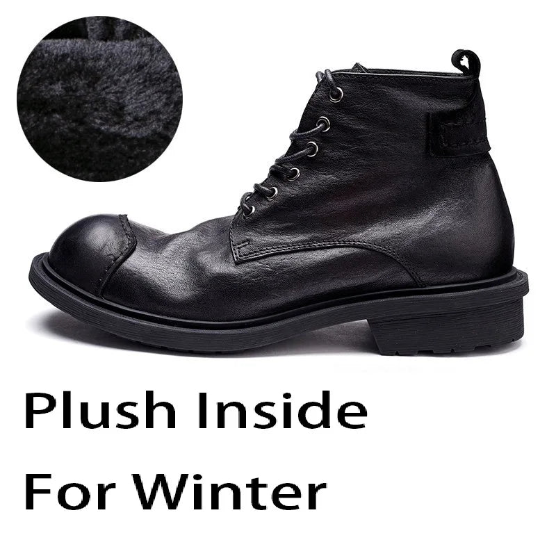 Spring Autumn New British Style Retro Genuine Cow Leather Men Ankle Short Motorcycle Boots Winter Plush Vintage Luxury Shoes 304