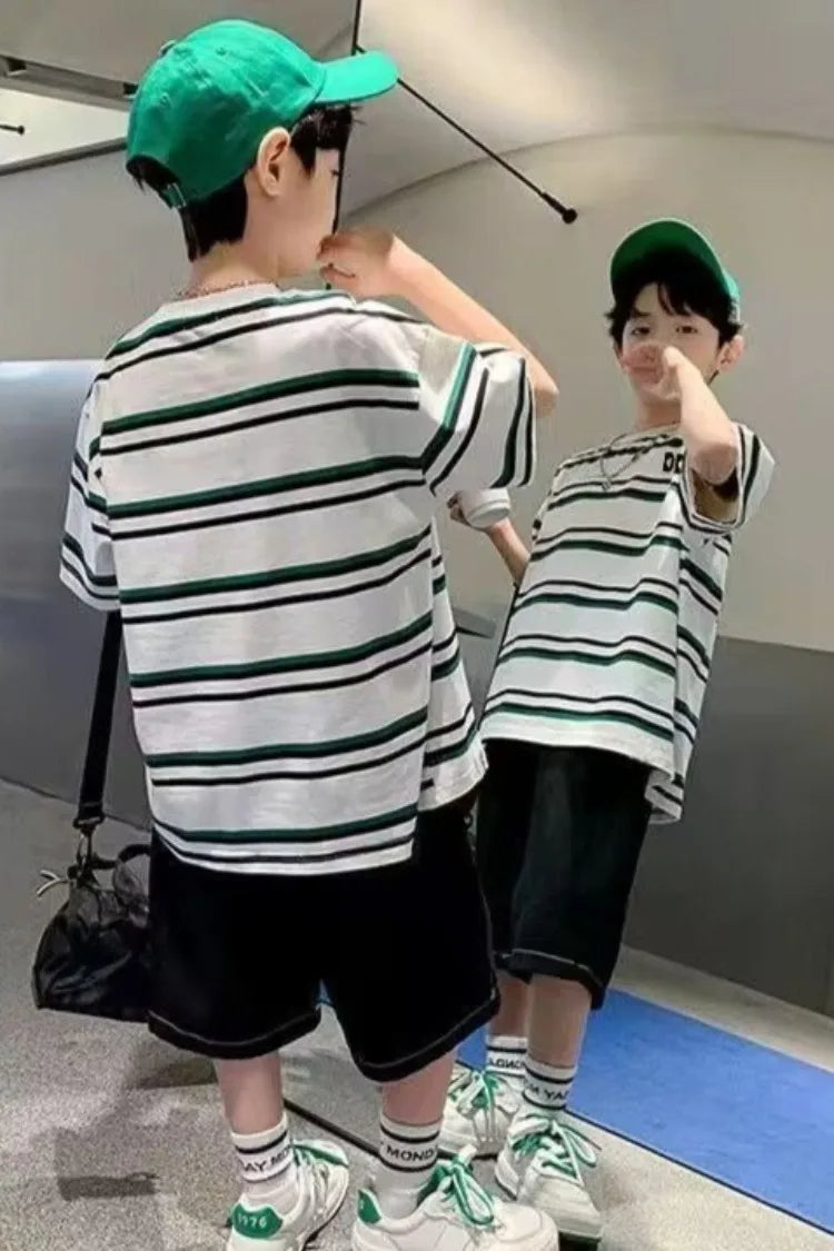 Striped Short-sleeved Shirt Boy Outfit 2025 Children's Clothing Toddler Cartoon Fashion Boys Set Kids Sweatshirt Summer Suit Top