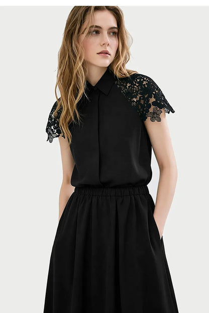 Women Shirt 2026 Summer New Lace Patchwork Lapel Collar Dolman Sleeve Blouse Loose Mid Length Office Cotton Shirt 12642040