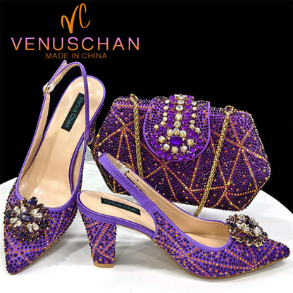 Nigerian Women Heel Party Ladies Italian Design Shoes And Bag Set Decorated with Rhinestone Handbag Wedding Party