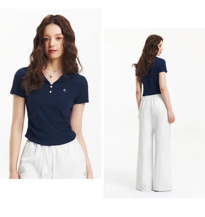 Semir Polo Shirt Women Cropped Blazer Collar 2025 New Summer Embroidered Cool Feeling Slim Fit Top Slimming for Chic Outfits