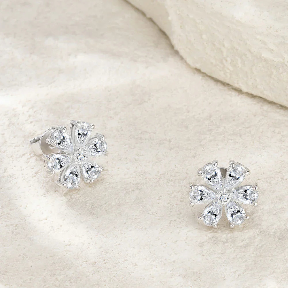 Cluster Flower Full Moissanite Stud Earrings for Women Pear Cut Lab Diamond Earring 925 Sterling Silver Ear Studs Fine Jewelry