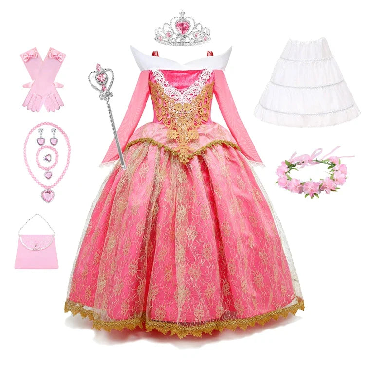 Girls Sleeping Beauty Aurora Princess Halloween Cosplay Dress Off Shoulder Kids Gift Carnival Party Fancy Princess Clothing