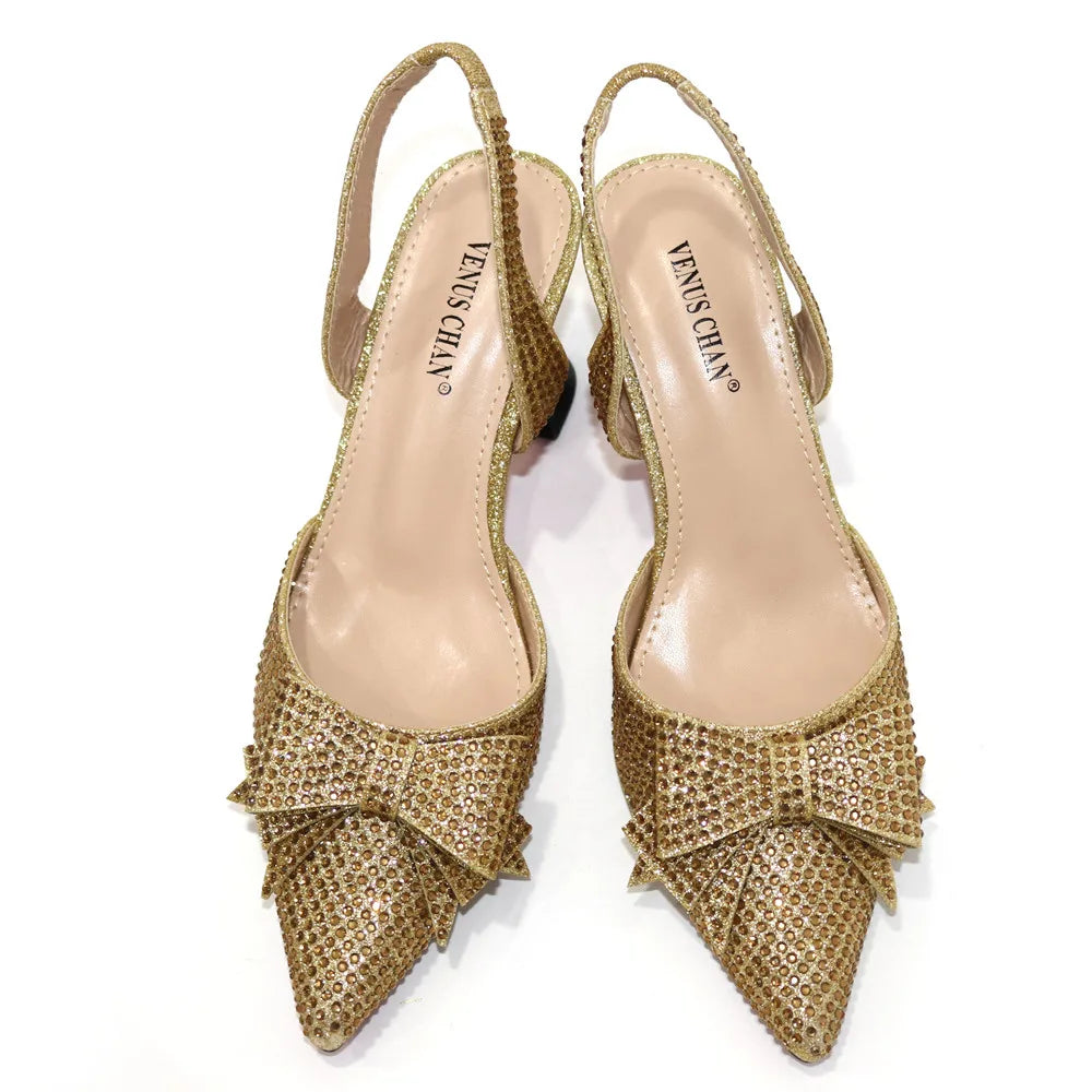 Bridal High Heels for Women 2023 Pointed Toe With Bows Gold Color Rhinestone  Elegant Party Wedding Shoe and Bag Set
