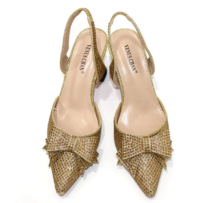 Bridal High Heels for Women 2023 Pointed Toe With Bows Gold Color Rhinestone  Elegant Party Wedding Shoe and Bag Set