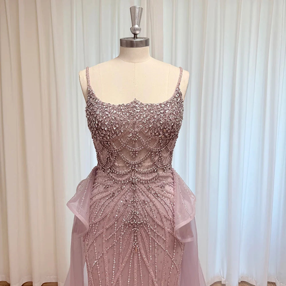 Luxury Beaded Mermaid Evening Dress Spaghetti Strap Detachable Overlay Formal Prom Wedding Party Gown Customized