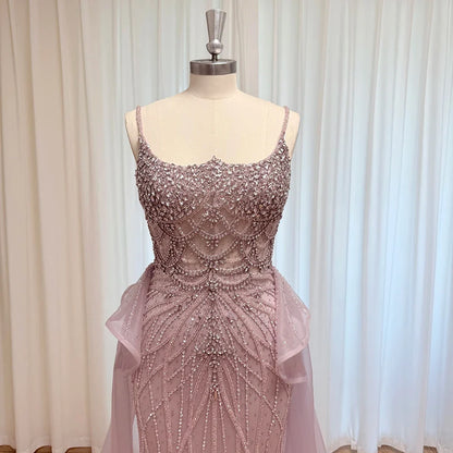Luxury Beaded Mermaid Evening Dress Spaghetti Strap Detachable Overlay Formal Prom Wedding Party Gown Customized