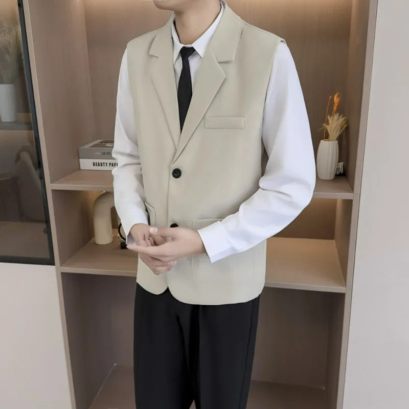 Summer Suit Vest Turn Down Collar Single-breasted Male Waist Sleeveless Pocket Versatile Business Casual Man Coat