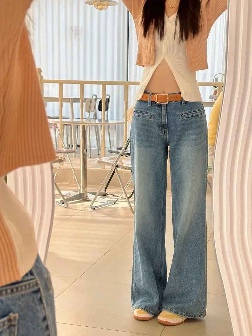 Retro High Waist Slim Fit Blue Jeans Women's Autumn Winter Straight Leg Long Pants Wide Leg Pants Classic Waed Denim
