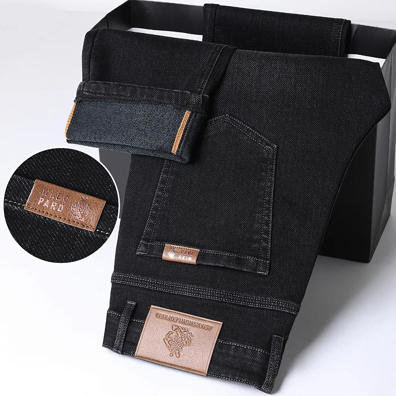 Classic Straight Men's Jeans Spring Slightly Thick Elastic Casual Office Business Trousers Fashion Comfort Washed Denim Pants