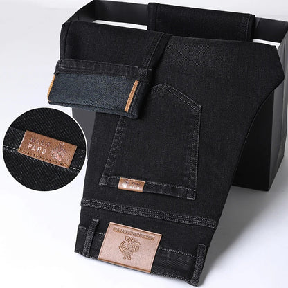Classic Straight Men's Jeans Spring Slightly Thick Elastic Casual Office Business Trousers Fashion Comfort Washed Denim Pants