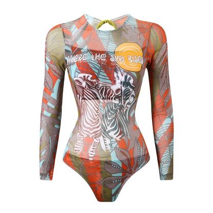 S - XXL Printed Long Sleeve With Sarong One Piece Swimsuit Women Swimwear Female Flowers Padded Bather Bathing Suit Swim V7181