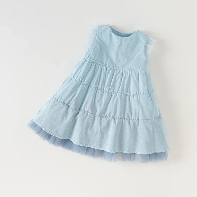 Girl's Princess Dress 2025 New Summer Children's Baby Sleeveless Blue Mesh Layered Dress Cute Sweet Party DB2240502