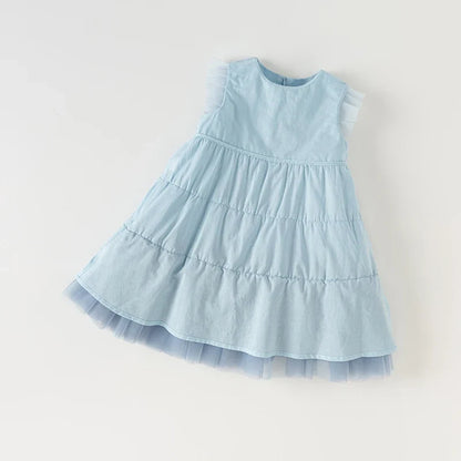 Girl's Princess Dress 2025 New Summer Children's Baby Sleeveless Blue Mesh Layered Dress Cute Sweet Party DB2240502