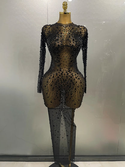 Sexy Shinny Rhinestone Stretch Mesh Transparent Long Dress 2025New Women Evening Birthday Party Prom Nightclub Singer Stage Wear