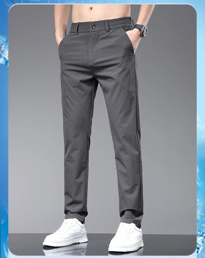 Spring Summer Thin Men's Slim Casual Pants Solid Color Elastic Waist Soft Breathable Business Straight Trousers Black Beige Gray