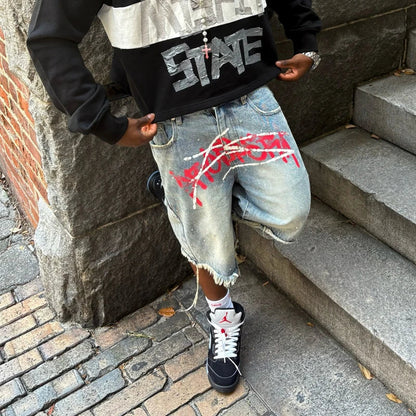 Y2K Graffiti Jorts Rhinestone Distressed Printed Denim Shorts Men Women Trend Retro Hip Hop Streetwear Unisex Baggy Short Pants