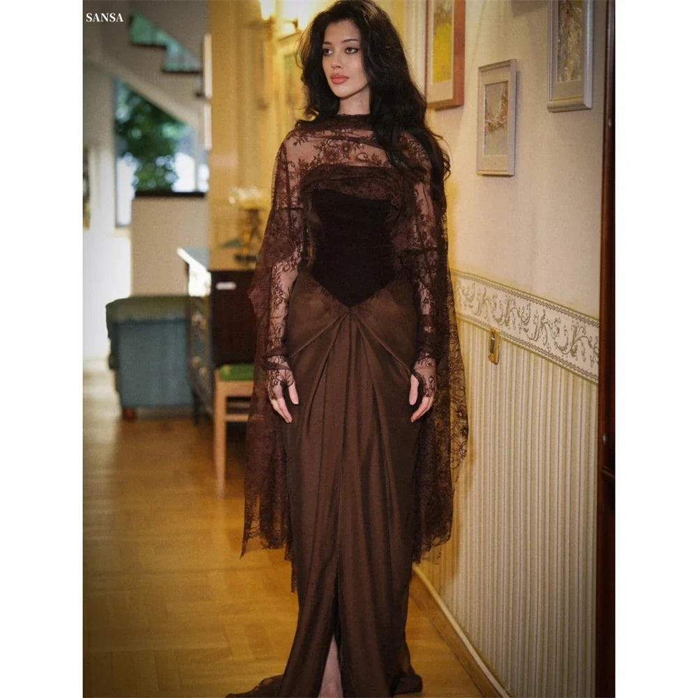Customized Brown Front Split Trumpet Side Split Prom Dress Pleats With Shawl Vestidos De Noche Floor-Length Formal Evening