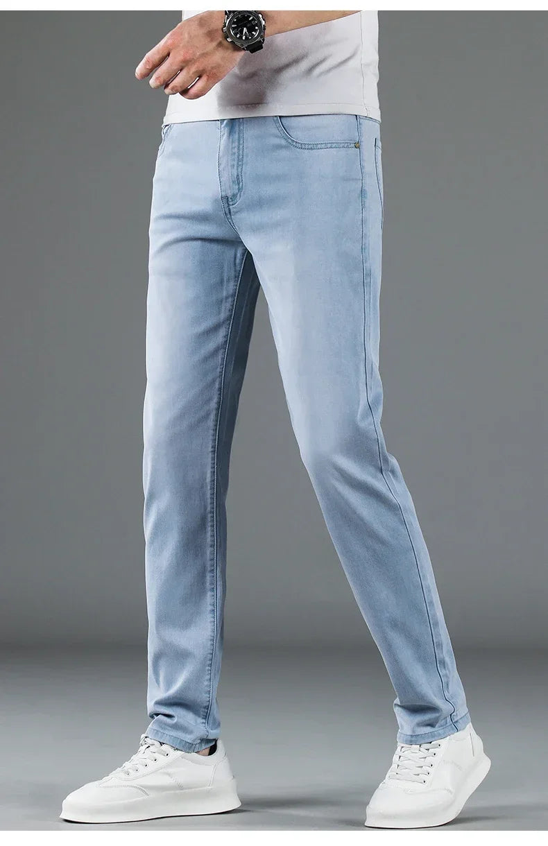 New Men's Thin Lyocell Jeans Soft Business Stretch Fashion Trousers Slim Brand Casual Elasticity Denim Pants Male Clothes