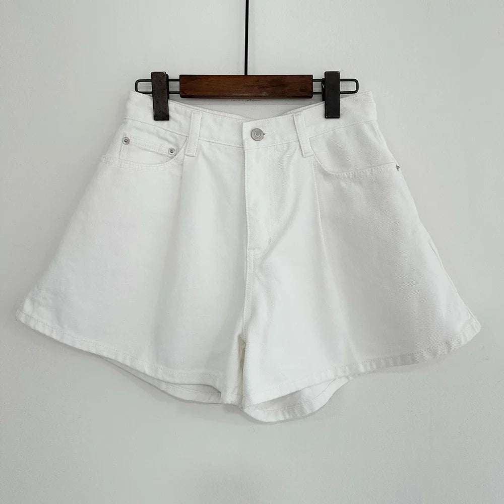 Summer Washed High Waist Women's A-line Denim Shorts Pocket White 2025 New Casual Loose Wide Leg Jeans Shorts Female