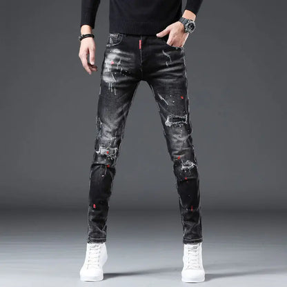 New Arrival Spring Autumn Denim Jeans for Men Slim Distressed Ripped Pants Paint Splatter Design Streetwear Luxury Slim Jeans