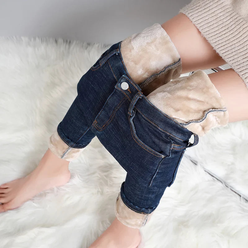 2023 Fashion Women Stretch High Waist Pencil Pants Casual Female Velvet Jeans High Quality Fleece Mom Jeans Thick Plush Pants
