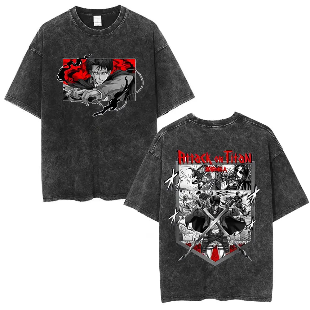 Anime Attack on Titan Washed T-Shirt Ackerman Mikasa Eren Jaeger Cherry Blossom Graphics Logo T Shirt Men Women Cotton T Shirts