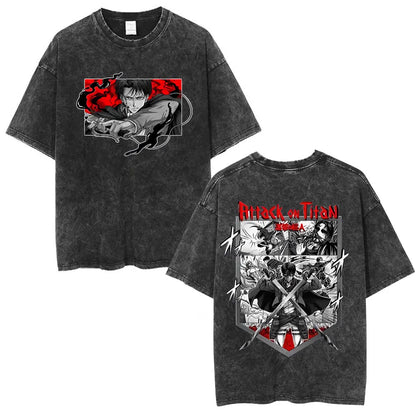 Anime Attack on Titan Washed T-Shirt Ackerman Mikasa Eren Jaeger Cherry Blossom Graphics Logo T Shirt Men Women Cotton T Shirts