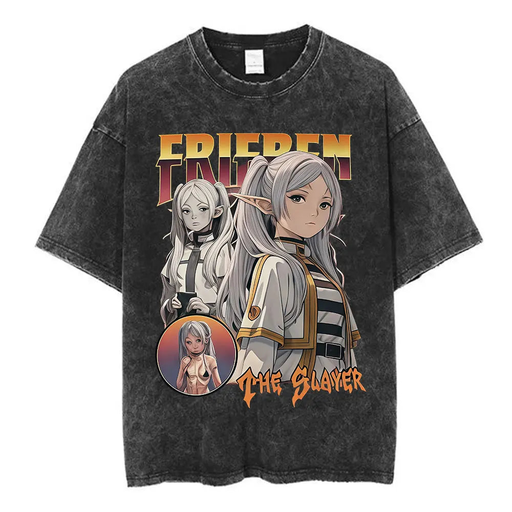 Anime Frieren: Beyond Journey's End Graphic Washed Vintage T-shirt Men's Women Fashion Short Sleeve Cotton Casual Loose T Shirts