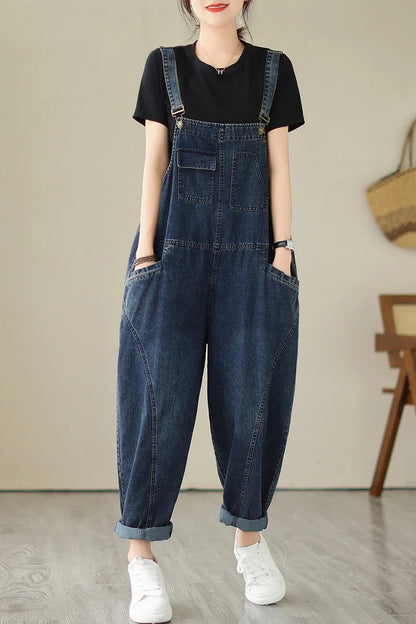 Fall Women's Loose Jeans Overalls Deep Blue High Waist Design Sensation plus Size Faion plus Size Women's Loose Slimming