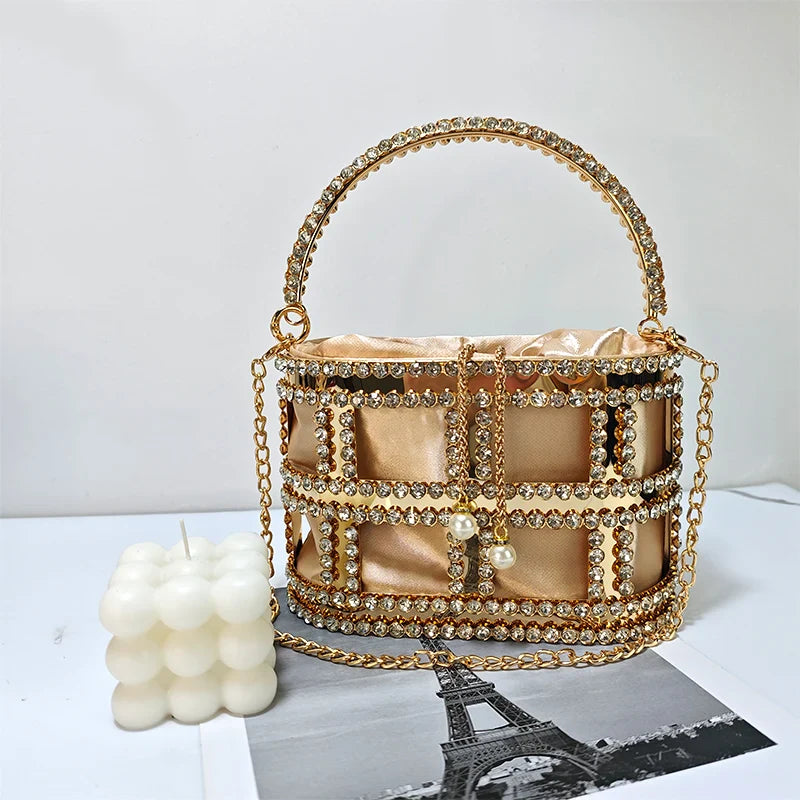Ladies Rhinestone Evening Bag Fashionable Banquet Luxury Designer Handbag Metal Unique Bucket Versatile Women Tote Bag