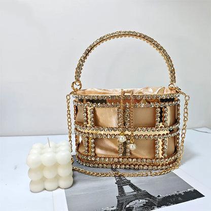 Ladies Rhinestone Evening Bag Fashionable Banquet Luxury Designer Handbag Metal Unique Bucket Versatile Women Tote Bag
