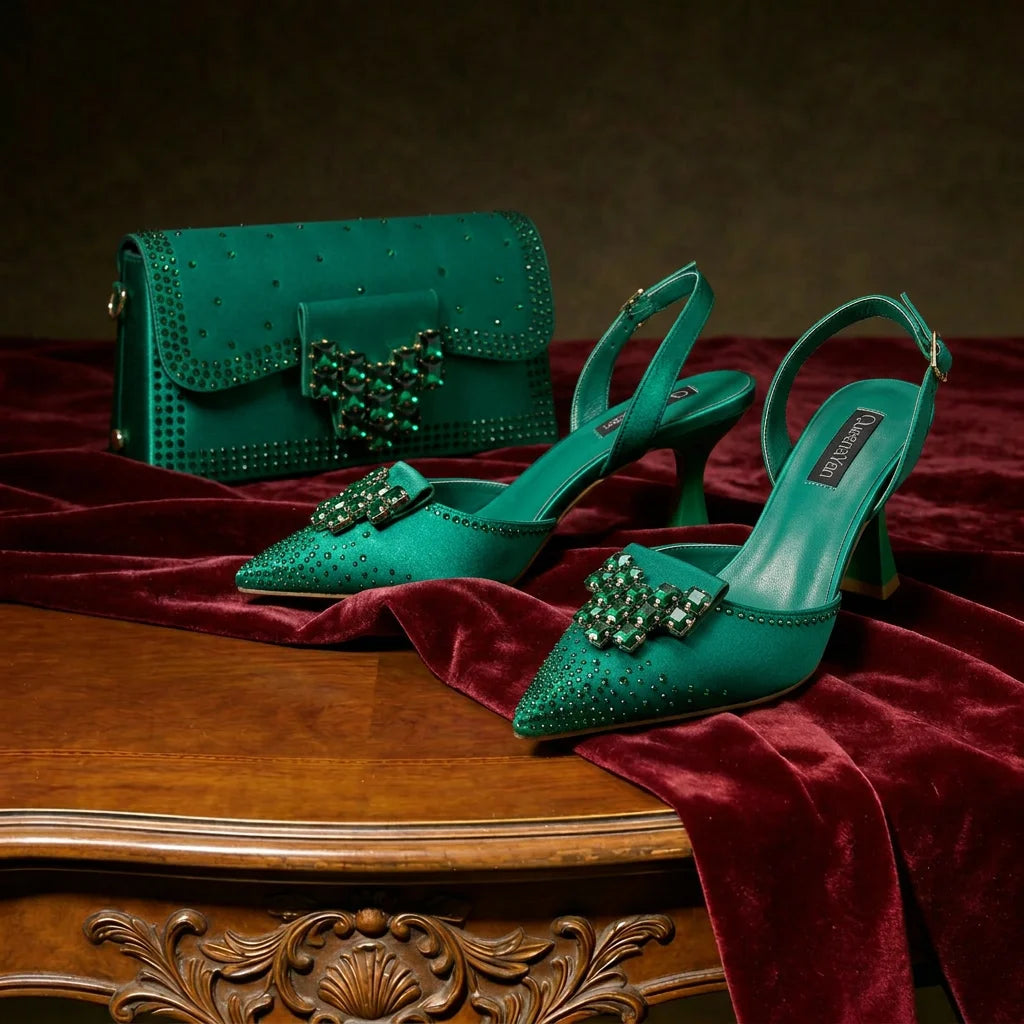 Green Color Rhinestone Comfortable Women's Pumps Heels And Bag Fashion Style Pointed-Toe Shoes For Farty  Occasion