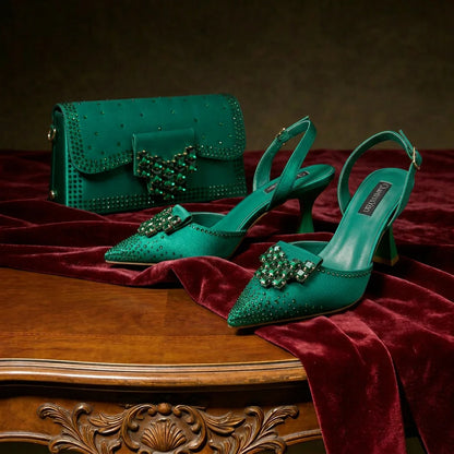 Green Color Rhinestone Comfortable Women's Pumps Heels And Bag Fashion Style Pointed-Toe Shoes For Farty  Occasion
