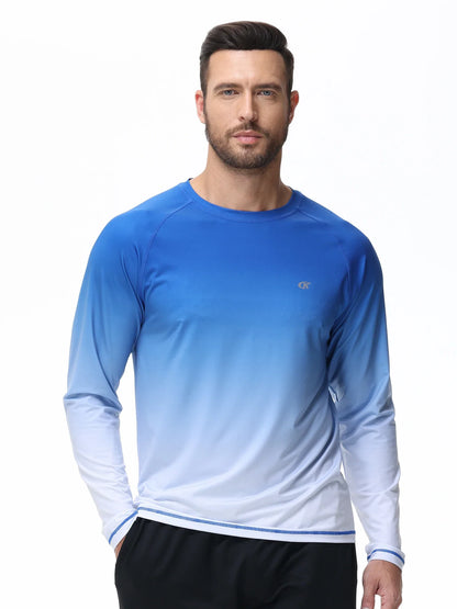 Summer Men's UPF 50+ Beach Swimming T-Shirt, Quick Dry Long Sleeve Fashion Gradient Rash Guard Tops for Sport Fishing Hiking