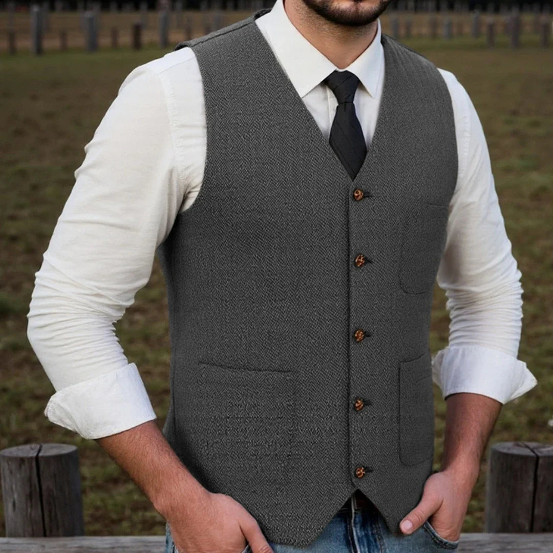 Men Vest Brown Herringbone Single Button With Pocket Waistcoat For Wedding Party Business Work Office Daily Casual Men Suit Vest